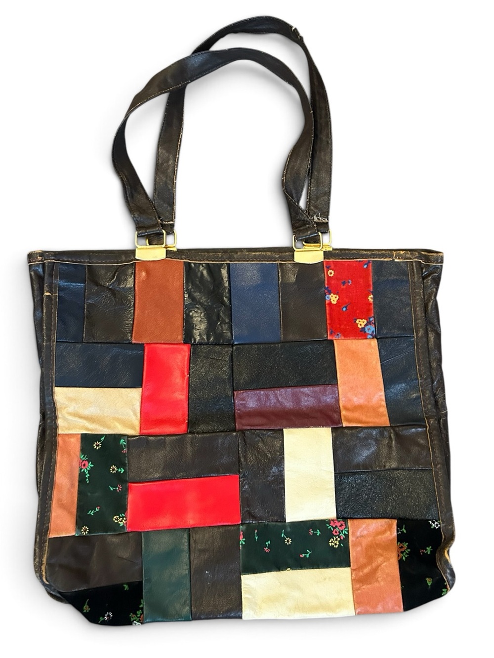 Vintage Made in Italy Patchwork Leather Tote Bag  70s for Sears multi color